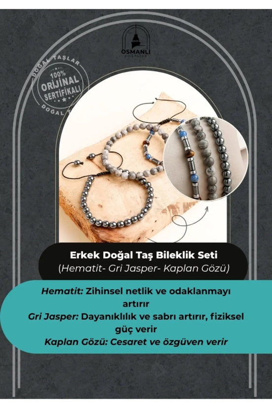 Hematit-Gri Jasper-Kaplan Gözü Erkek Doğal Taş Bileklik Seti