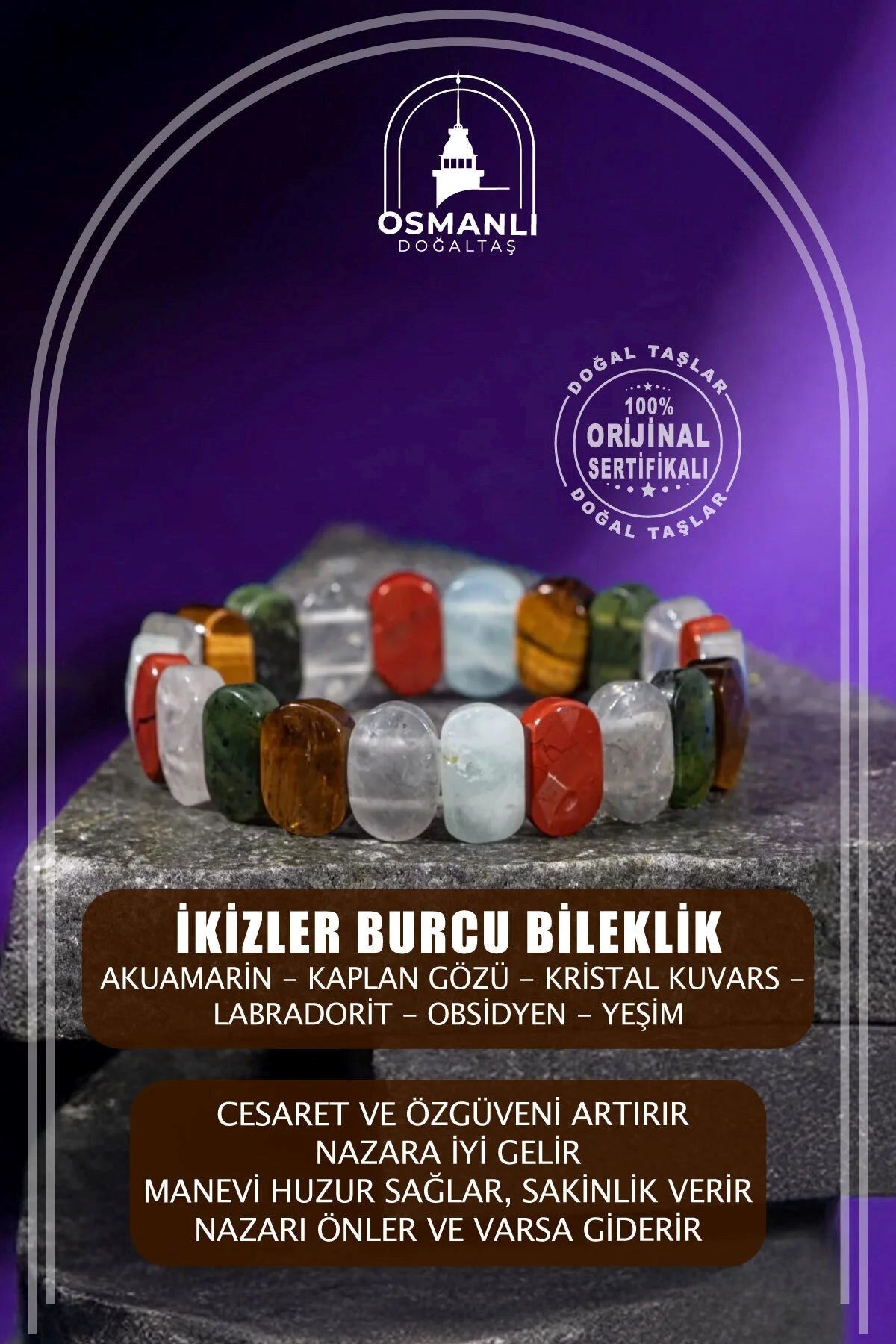 İkizler Burcu Bileklik Akuamarin, Kaplan Gözü, Kristal Kuvars, Labradorit, Obsidyen, Yeşim