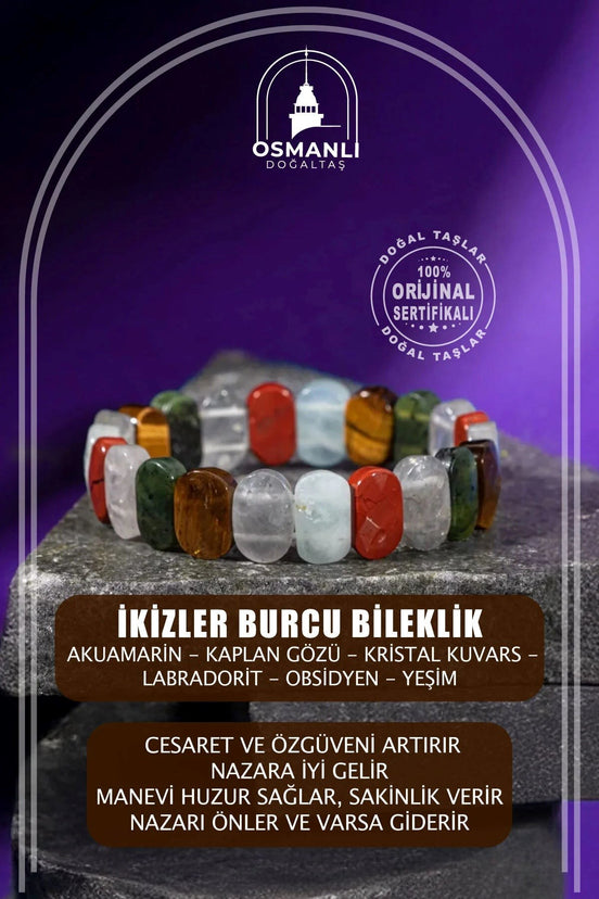 İkizler Burcu Bileklik Akuamarin, Kaplan Gözü, Kristal Kuvars, Labradorit, Obsidyen, Yeşim