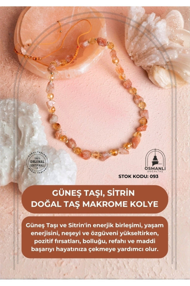 Sertifikalı Güneş Taşı, Sitrin Doğal Taş Makrome Kolye (SK:093)