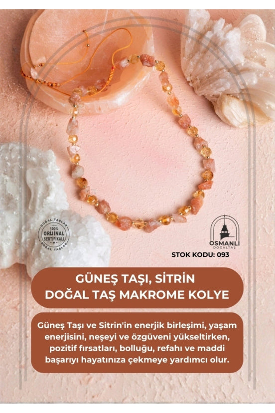 Sertifikalı Güneş Taşı, Sitrin Doğal Taş Makrome Kolye (SK:093)