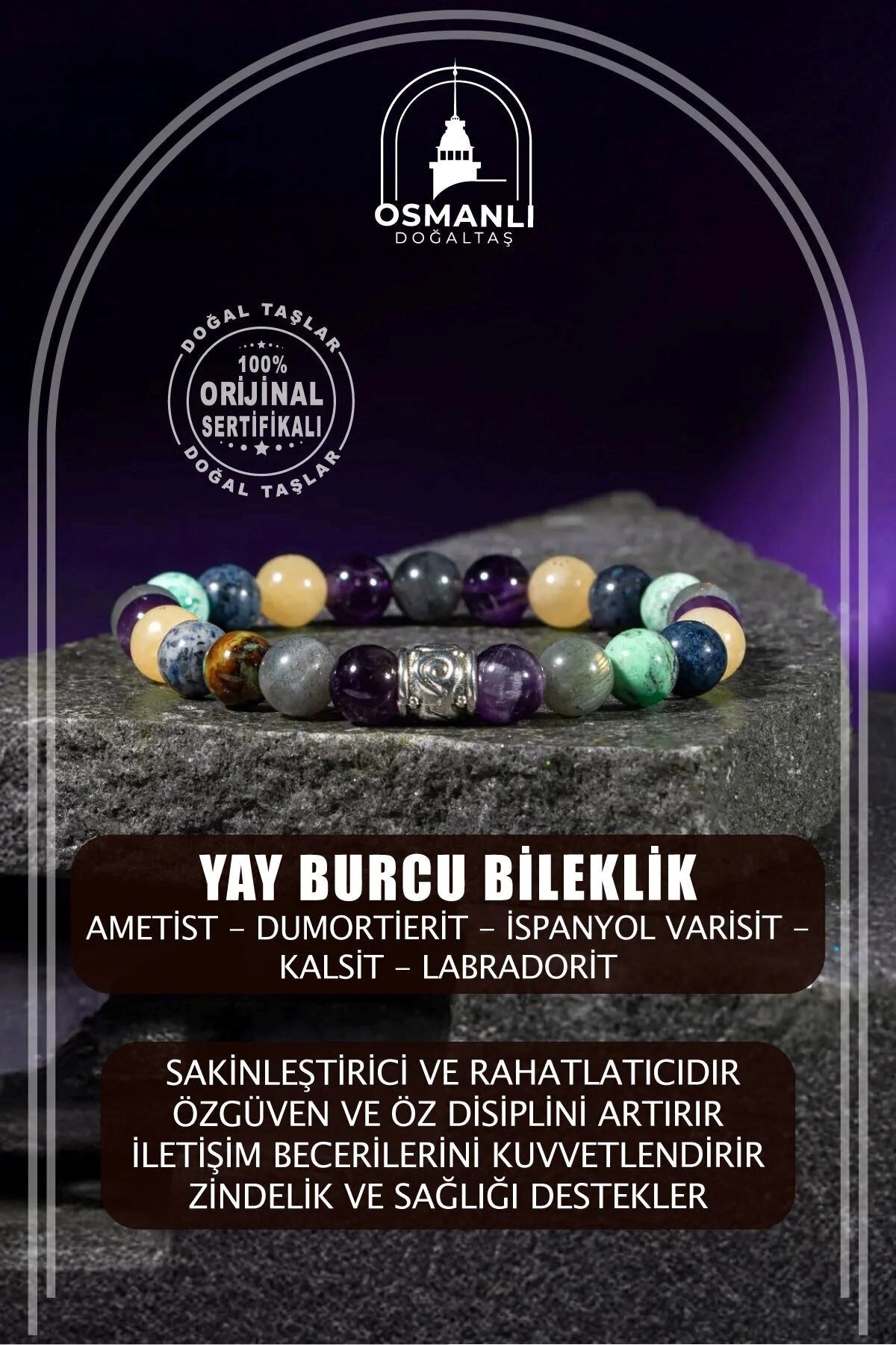 Yay Burcu Bileklik Ametist, Dumortierit, İspanyol Varisit, Kalsit, Labradorit
