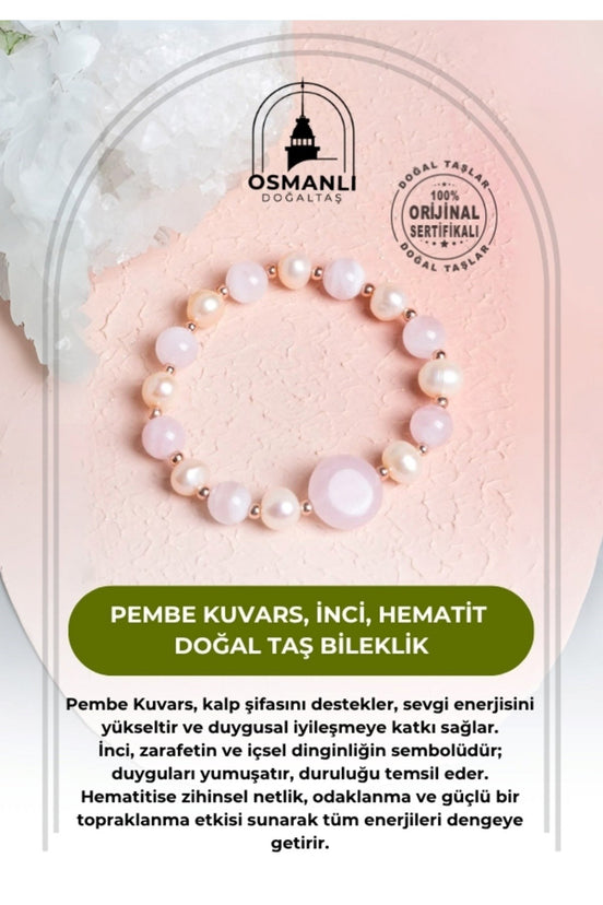 Pembe Kuvars, İnci, Hematit Doğal Taş Bileklik