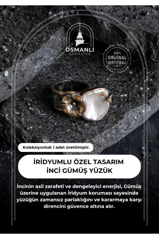 İridyumlu Gümüş İnci Özel Tasarım Yüzük (Kadın)