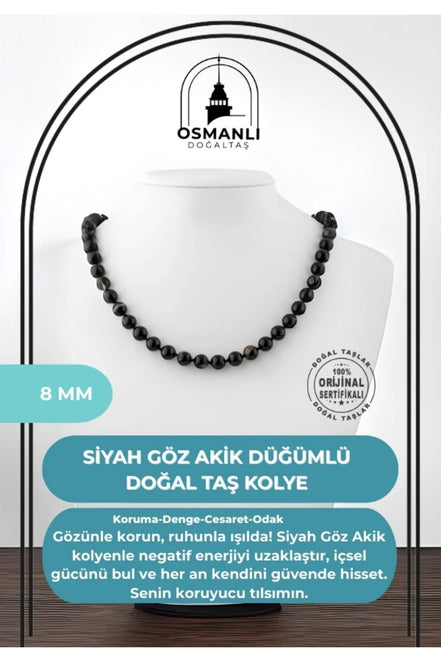 Siyah Göz Akik 8 mm Düğümlü Doğal Taş Kolye