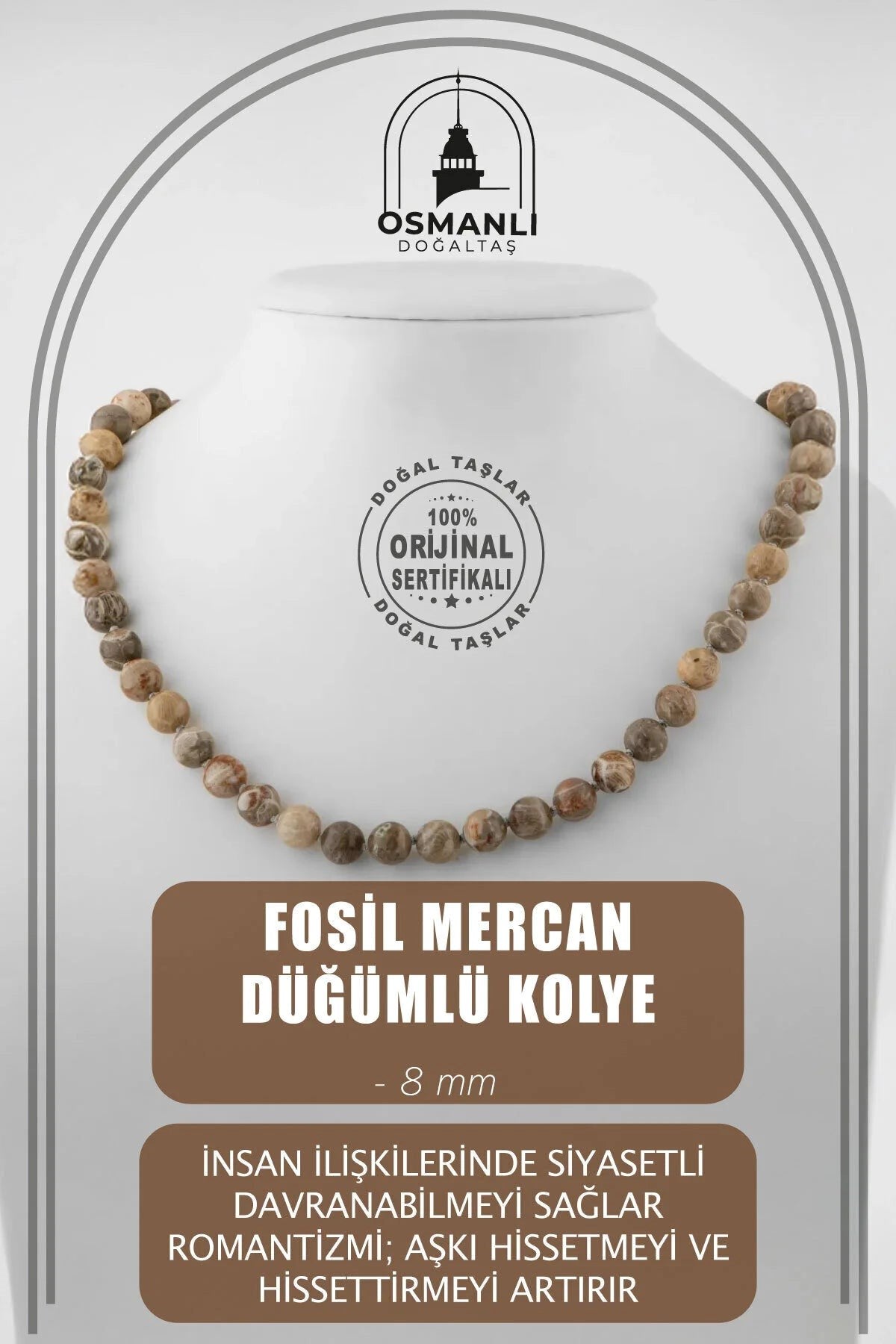 Fosil Mercan 8 mm Düğümlü Doğal Taş Kolye