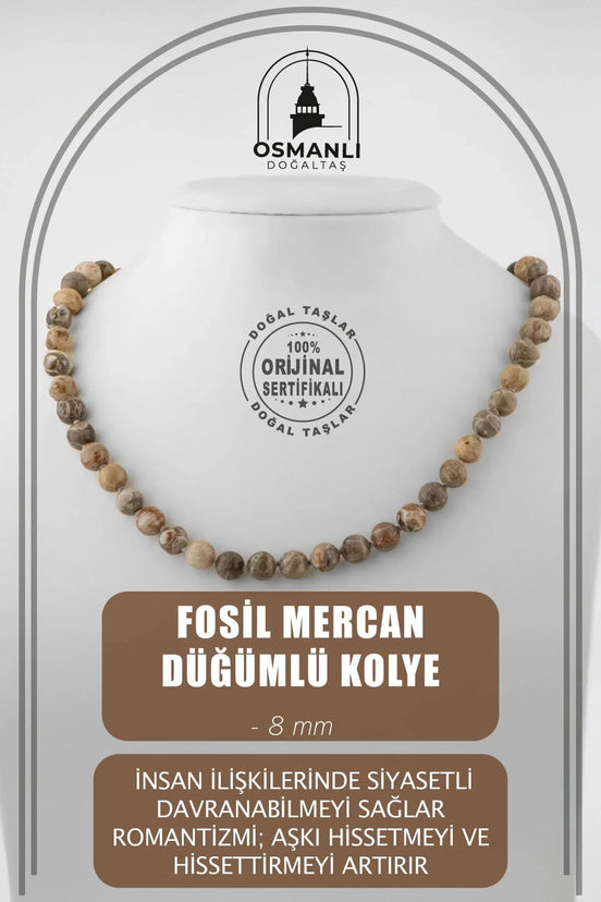 Fosil Mercan 8 mm Düğümlü Doğal Taş Kolye