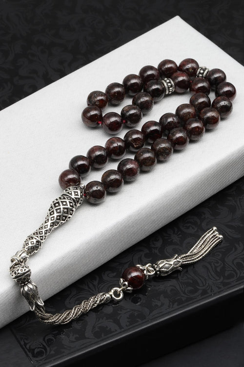 Garnet (Lal) Doğal Taş Tesbih 925 Ayar Gümüş – 8 mm Küre Kesim | 33’lü