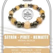 Sertifikalı Hakiki Orijinal 8mm Pirit - Sitrin - Hematit Doğal Taş Misinalı Bileklik