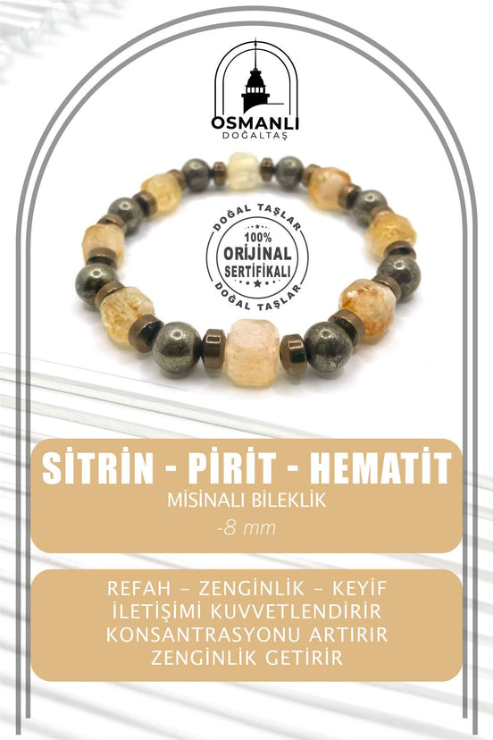 Sertifikalı Hakiki Orijinal 8mm Pirit - Sitrin - Hematit Doğal Taş Misinalı Bileklik
