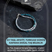 Sertifikalı Ay Taşı, Apatit, Turkuaz Gümüş Kapama Doğal Taş Bileklik