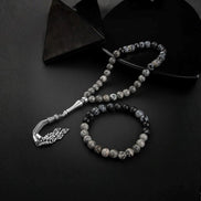 Gri Jasper-Karlı Obsidyen Doğal Taş Tesbih Bileklik Seti