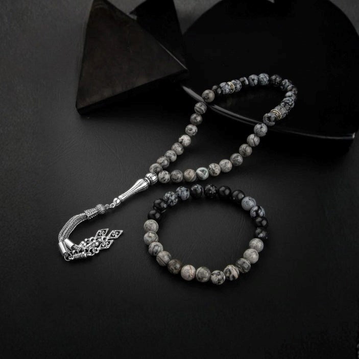 Gri Jasper-Karlı Obsidyen Doğal Taş Tesbih Bileklik Seti