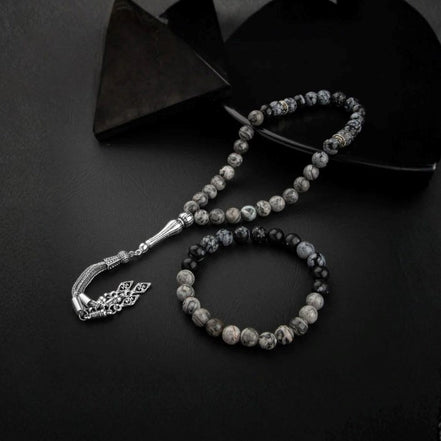 Gri Jasper-Karlı Obsidyen Doğal Taş Tesbih Bileklik Seti