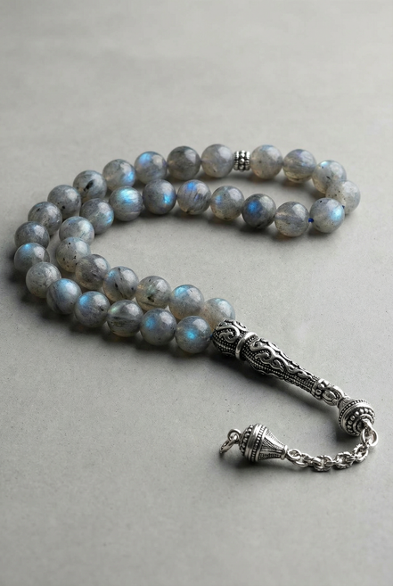 Labradorit Doğal Taş Tesbih – 925 Ayar Gümüş – 8 mm Küre Kesim