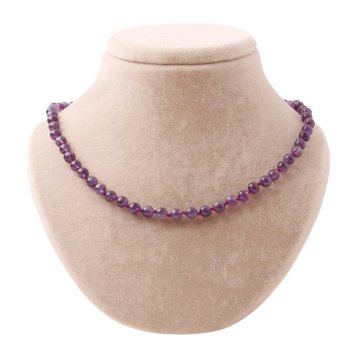 Ametist 6 mm Düğümlü Doğal Taş Kolye – Unisex El İşçiliği (50 cm)