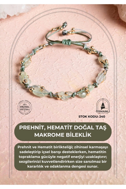 Sertifikalı Prehnit, Hematit Doğal Taş Makrome Bileklik (SK:240)