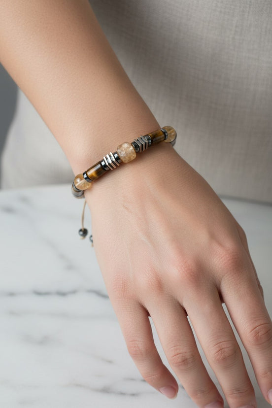 Kaplan Gözü, Sitrin ve Hematit Doğal Taş Bileklik – 8 mm İpli Ayarlanabilir, Unisex Tasarım