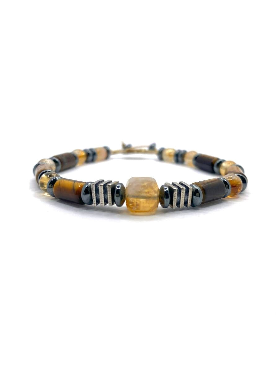 Hakiki Orijinal Kaplan Gözü - Jasper - 6mm Sitrin - Hematit İpli Ayarlanabilir Doğal Taş Bileklik