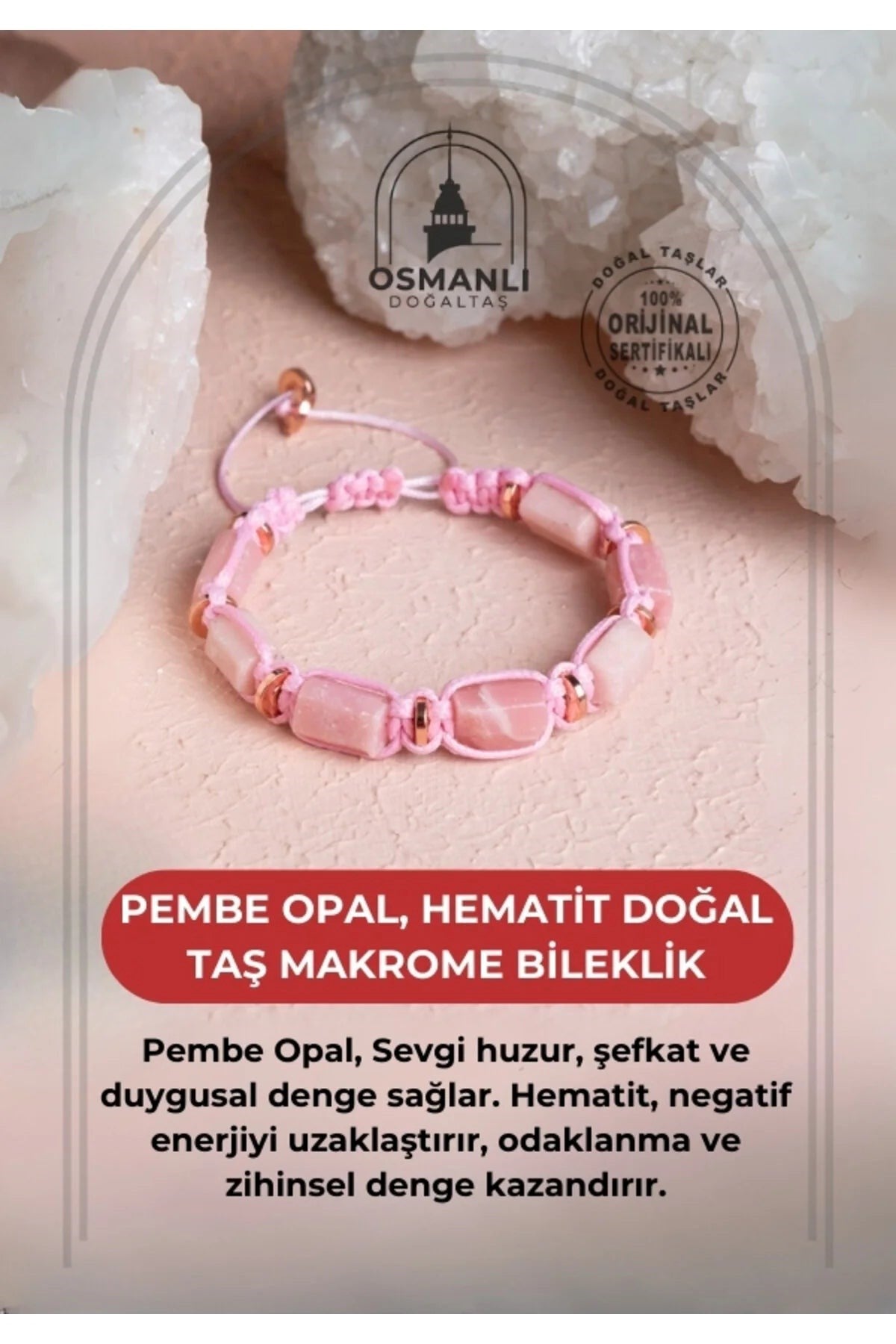 Pembe Opal, Hematit Doğal Taş Makrome Bileklik