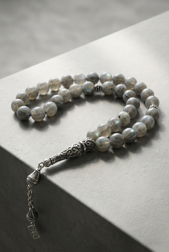 Labradorit Doğal Taş Tesbih – 925 Ayar Gümüş – 8 mm Küre Kesim