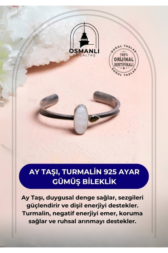 Sertifikalı Ay Taşı, Turmalin 925 Ayar Gümüş Bileklik