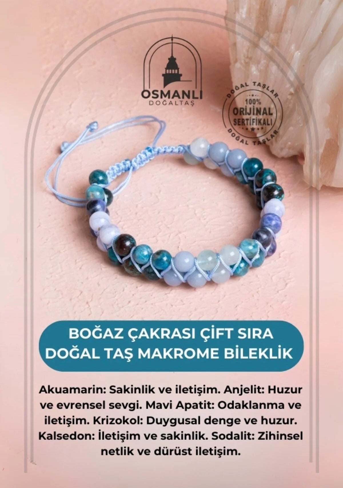 Boğaz Çakrası Çift Sıra Doğal Taş Makrome Bileklik