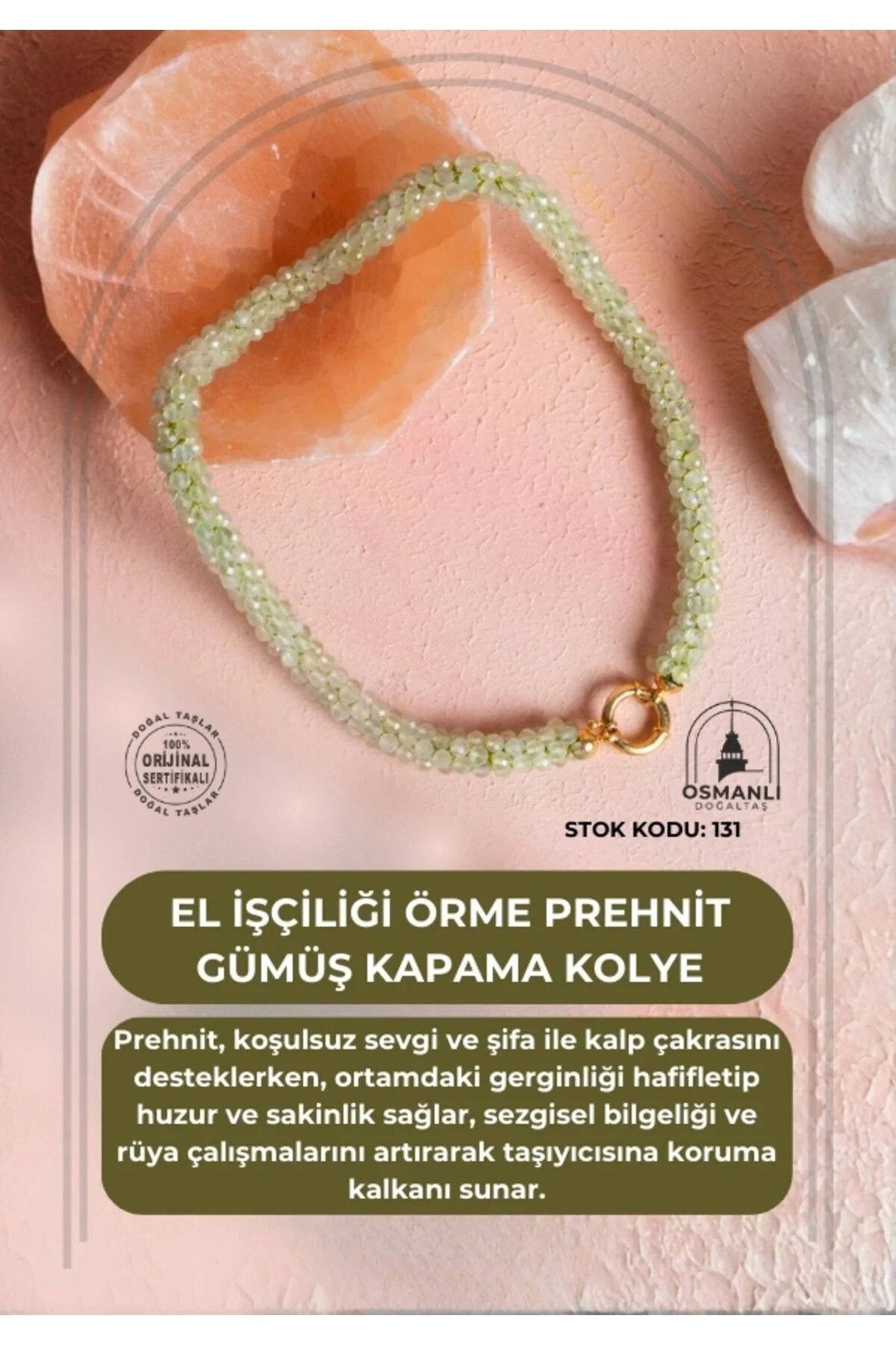 El İşçiliği Örme Prehnit Gümüş Kapama Kolye (SK:131)