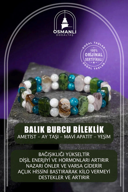 Balık Burcu Bileklik Ametist, Ay Taşı, Mavi Apatit, Yeşim