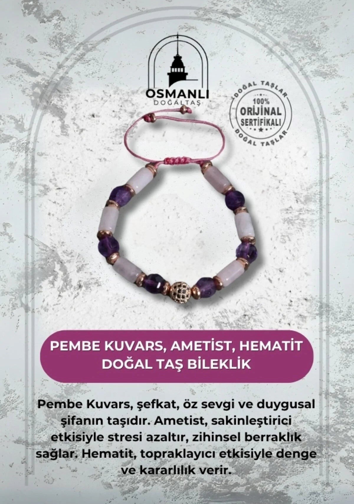 Pembe Kuvars Ametist ve Hematit Bileklik