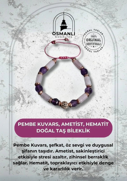 Pembe Kuvars Ametist ve Hematit Bileklik