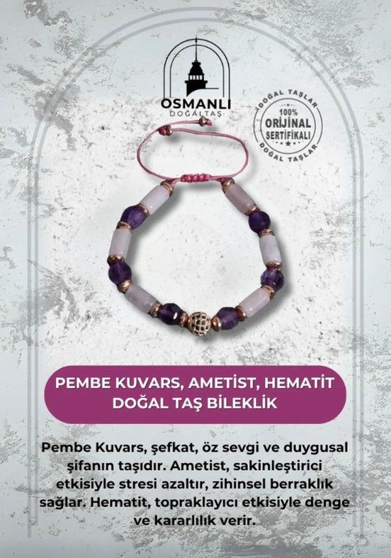 Pembe Kuvars Ametist ve Hematit Bileklik
