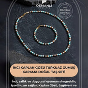 İnci Kaplan Gözü Turkuaz Gümüş Kapama Doğal Taş Seti