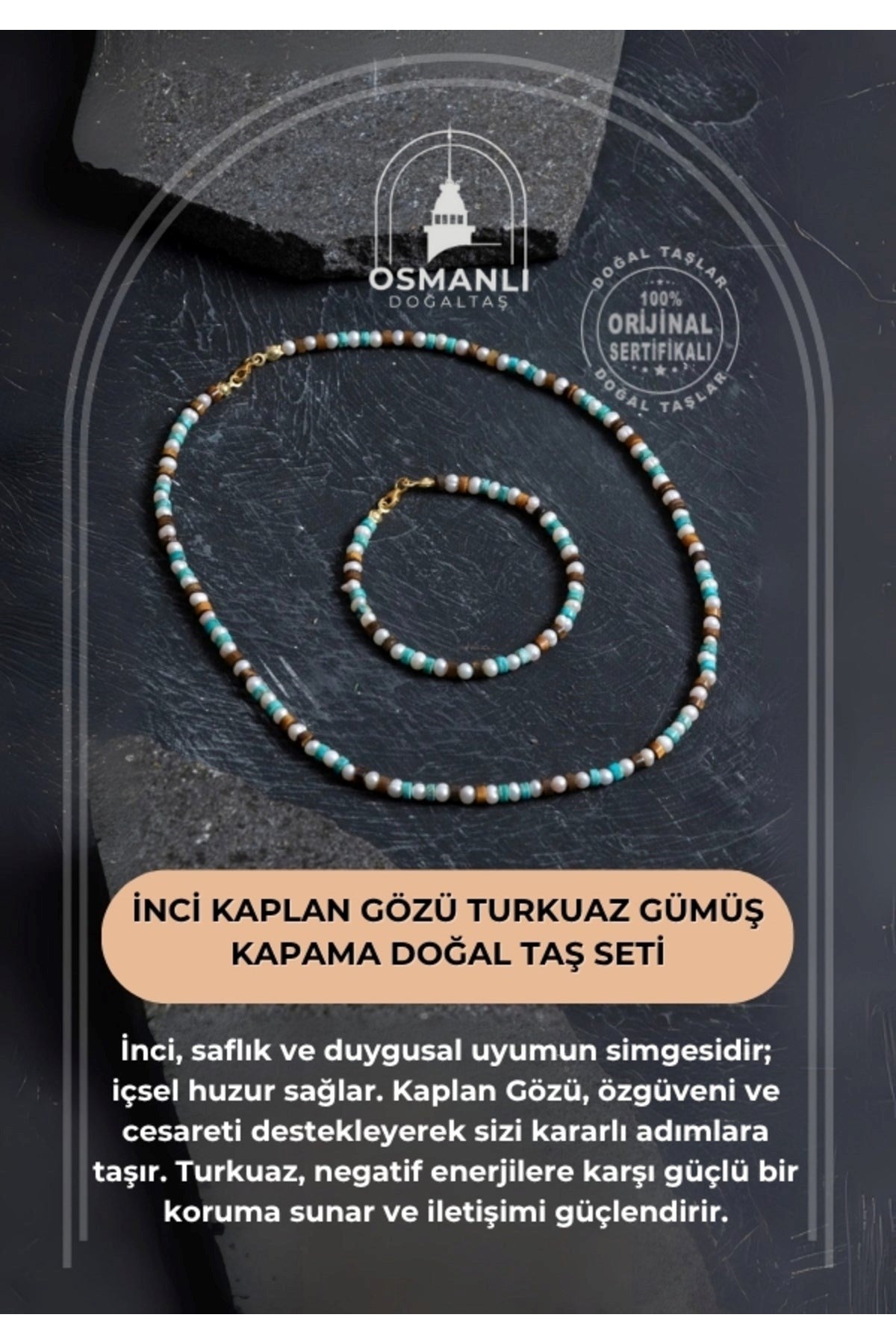 İnci Kaplan Gözü Turkuaz Gümüş Kapama Doğal Taş Seti