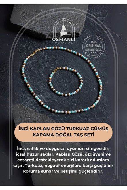 İnci Kaplan Gözü Turkuaz Gümüş Kapama Doğal Taş Seti