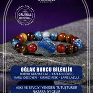 Oğlak Burcu Bileklik Bordo Granat Lal, Kaplan Gözü, Karlı Obsidyen, Kırmızı Akik, Lapis Lazuli