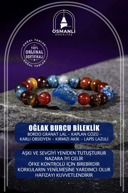 Oğlak Burcu Bileklik Bordo Granat Lal, Kaplan Gözü, Karlı Obsidyen, Kırmızı Akik, Lapis Lazuli