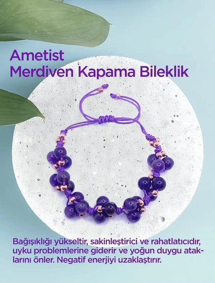Ametist Doğal Taş Merdiven Kapama İpli Her Bileğe Uygun Bileklik