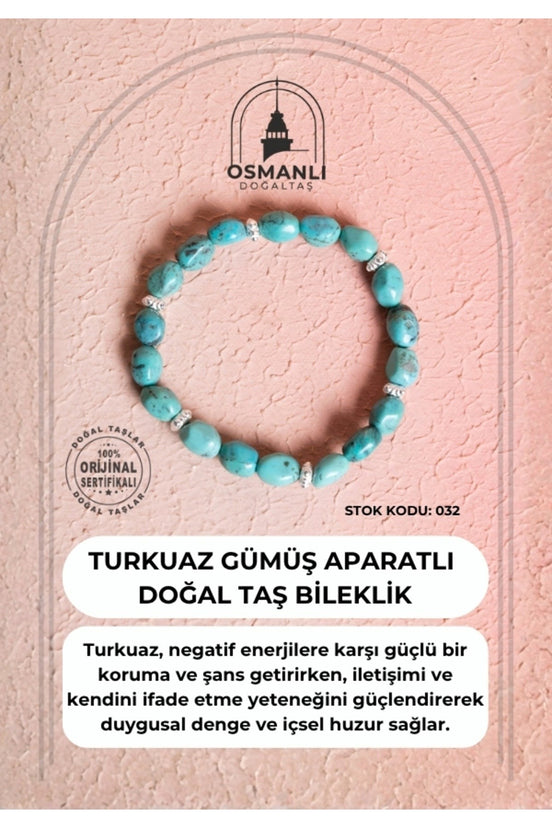Sertifikalı Firuze(Turkuaz) Gümüş Aparatlı Doğal Taş Bileklik (SK:032)
