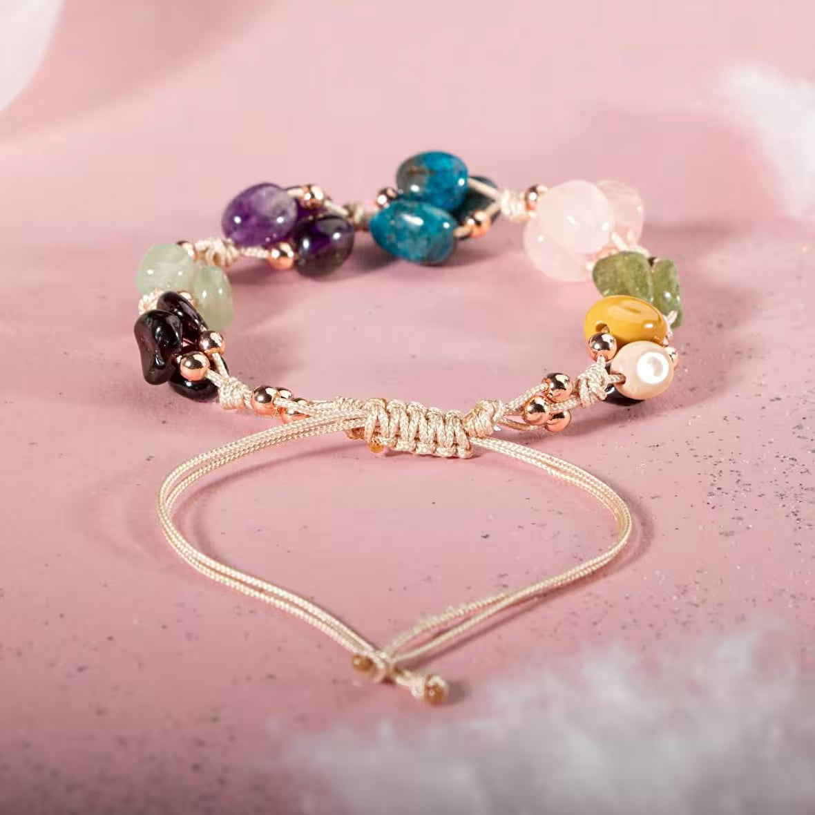 Başak Burcu Bileklik Ametist, Bordo Granat Lal, Jasper, Mavi Apatit, Pembe Kuvars, Yeşil Aventurin, Zebercet (Peridot)