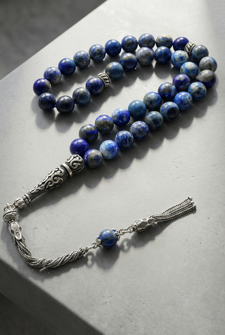 Lapis Lazuli Doğal Taş Tesbih – 925 Ayar Gümüş – 8 mm Küre Kesim