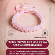 Sertifikalı Pembe Kuvars Çift Sıra Doğal Taş Makrome Bileklik (SK:077)