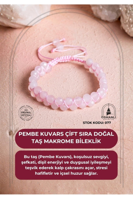Sertifikalı Pembe Kuvars Çift Sıra Doğal Taş Makrome Bileklik (SK:077)
