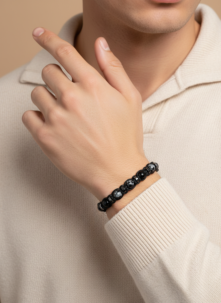 Erkek Bilekliği Orijinal Hakiki Sertifikalı Karlı Obsidyen - Hematit İpli Doğal Taş Bileklik 6mm