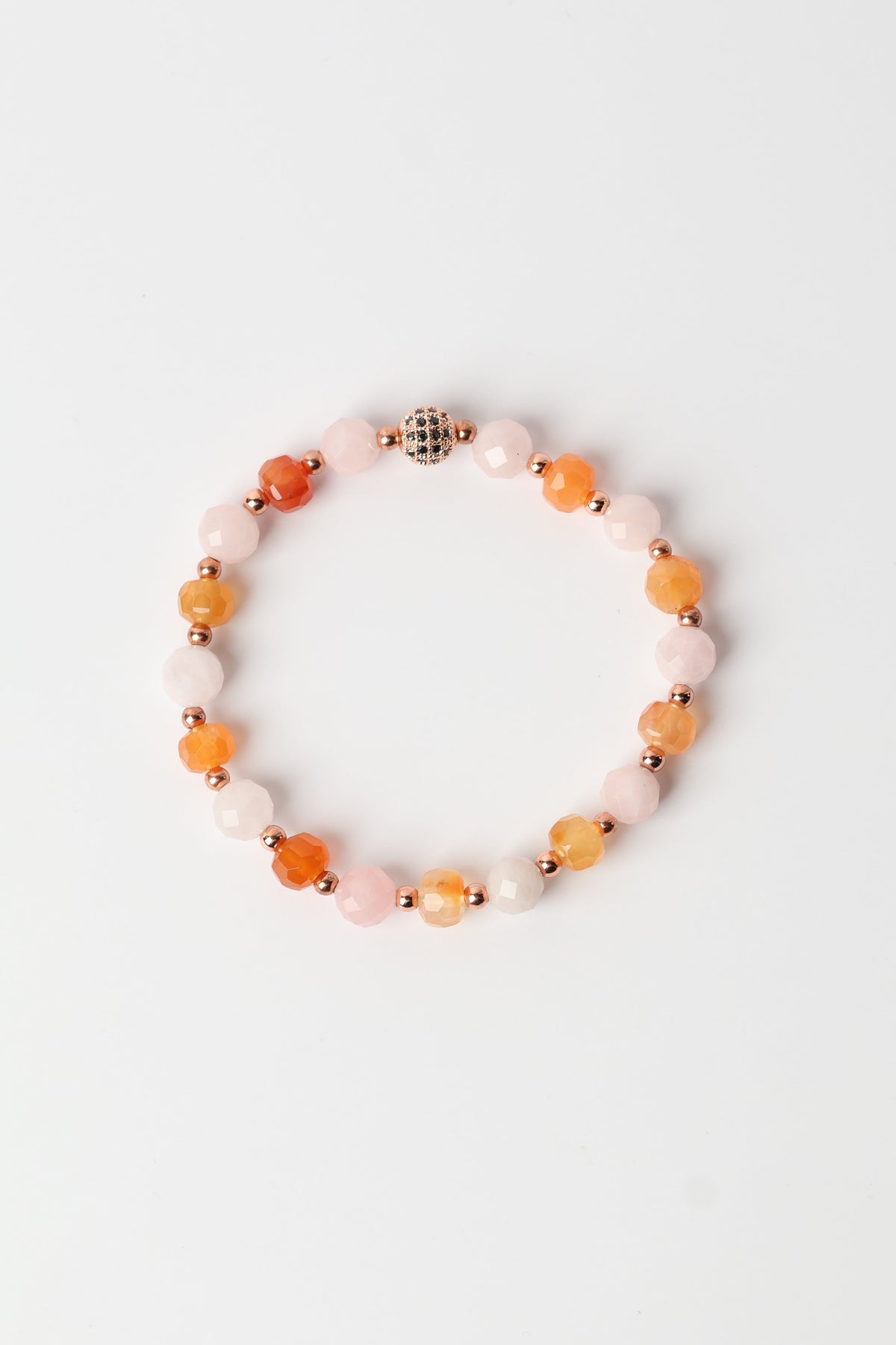 Pembe Kuvars - Karnelyan Akik - Zirkon Aparatlı Doğal Taş Bileklik (8 mm)
