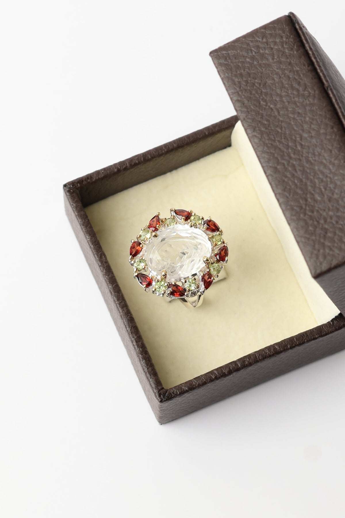 Kristal Kuvars - Garnet - Zebercet Doğal Taş 925 Ayar Gümüş Özel Tasarım Yüzük