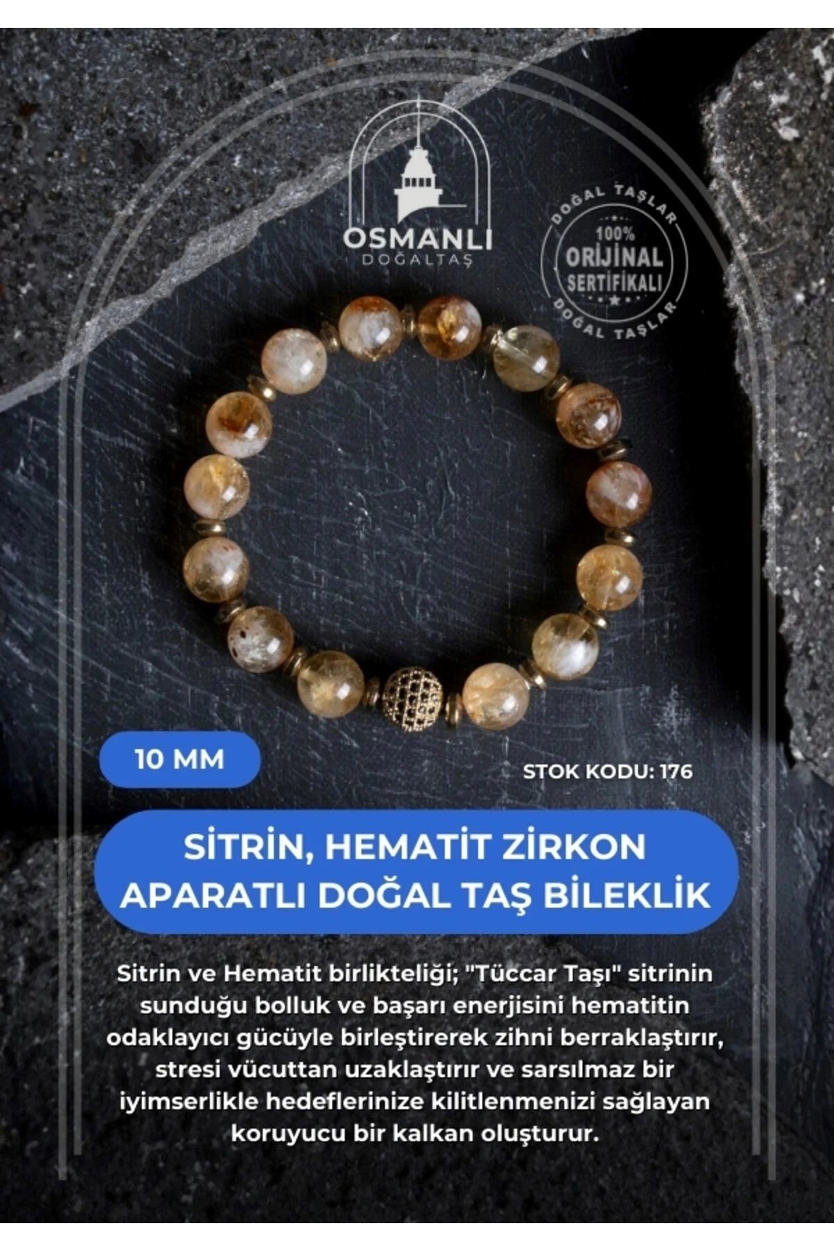 Sitrin, Hematit Zirkon Aparatlı Doğal Taş Bileklik-10 mm (SK:176)