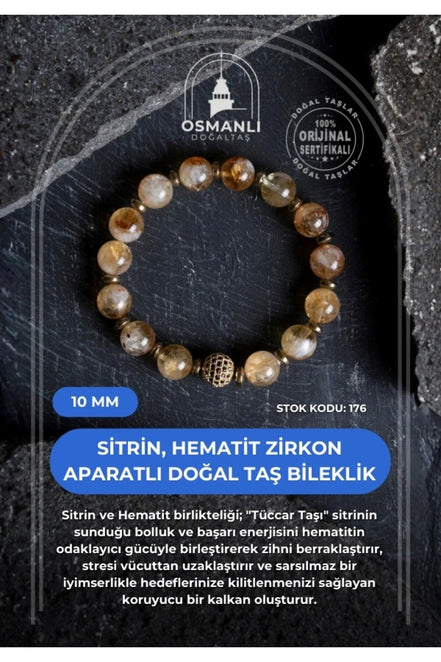 Sitrin, Hematit Zirkon Aparatlı Doğal Taş Bileklik-10 mm (SK:176)