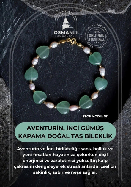 Aventurin, İnci Gümüş Kapama Doğal Taş Bileklik (SK:181)