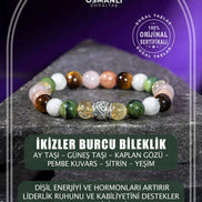İkizler Burcu Bileklik Ay Taşı, Güneş Taşı, Kaplan Gözü, Pembe Kuvars, Sitrin, Yeşim